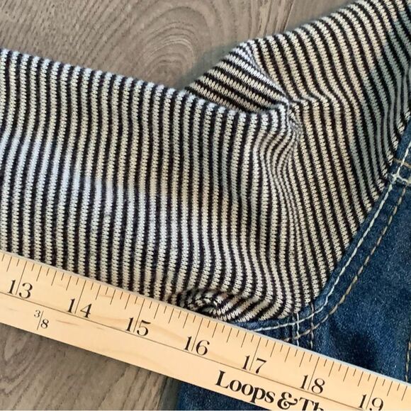 WALLFLOWER JEAN JACKET WOMEN LARGE BLUE DENIM CROP STRIPED KNIT ARM HOOD. - Picture 12 of 15